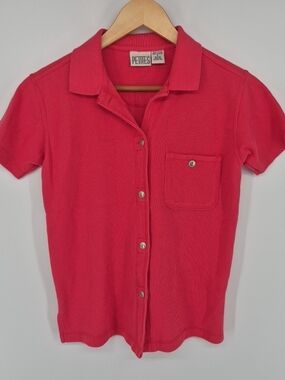 Womens Petite S Coral Red 100% Cotton Textured Short Sleeve Button Shirt Vintage